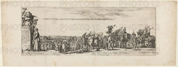 Entrance of the Ambassador of Poland into Rome, 1633, Stefano della Bella, Italian, 1610-1664, Italy, Etching on ivory laid paper, 155 x 428 mm (image), 208 x 558 mm (sheet)
