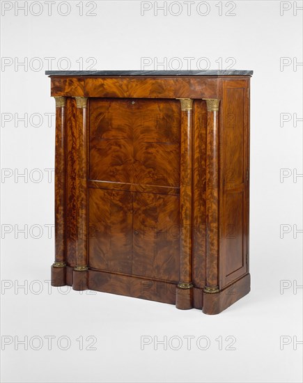 Secrétaire à abattant, 1820/25, American, 19th century, Boston, Boston, Mahogany, mahogany veneer, pine, black marble, ormolu, and brass, 145.4 × 133 48.4 cm (57 1/4 × 52 3/8 × 19 1/6 in.)