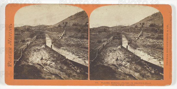 Placer Mining, Flume in Brown’s Flat, Tuolumne County, c. 1868, Thomas Houseworth & Co., American, 1828–1915, United States, Albumen print, stereo, No. 970 from the series "Placer Mining