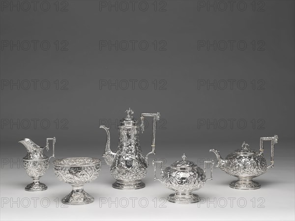 Tea and Coffee Service, 1840/68, Samuel Kirk & Son, American, 1846–1861, Samuel Kirk & Sons, American, 1861–1868, Baltimore, Baltimore, Silver, Coffee pot: 32.7 × 13.7 cm (12 7/8 × 5 3/8 in.), 1428.9 g, tea pot: 21 × 12.9 cm (8 1/4 × 5 1/16 in.), 972.3 g, sugar bowl: 17.8 × 12.4 cm (7 × 4 7/8 in.), 696 g, milk pot: 20 × 9.2 cm (7 7/8 × 3 5/8 in.), 396.2 g, waste bowl: 14.6 × 6 cm (5 3/4 × 2 3/8 in.), 356.4 g