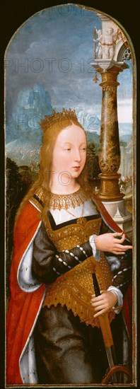 Saint Catherine, c. 1520, Jean Bellegambe, French, c. 1470–1535/36, France, Oil on panel, 32 1/2 × 11 1/16 in. (82.5 × 28.1 cm), painted surface 32 1/8 × 10 3/4 in. (81.5 × 27.3 cm)