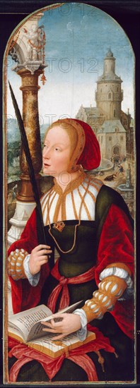 Saint Barbara, c. 1520, Jean Bellegambe, French, c. 1470-1535/36, Belgium, Oil on panel, 32 3/8 × 11 1/16 in. (82.3 × 28.2 cm, painted surface: 32 1/8 × 10 3/4 in. (81.7 × 27.3 cm)
