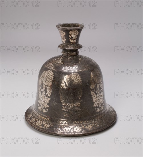 Bell-Shaped Huqqa Base with Floral Design, 18th/19th century, India, Deccan, Hyderabad, Zinc alloy inlaid with copper and silver (bidriware), 16.1 x 15.8 x 15.8 cm (6 5/16 x 6 3/16 x 6 3/16 in.)