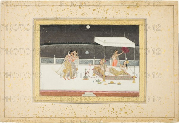 Seduction Scene on a Terrace by Moonlight, 18th century, India, possibly West Bengal, Murshidabad, Murshidabad, Opaque watercolor with gold on paper, Image: 16.8 x 23.5 cm (6 5/8 x 9 1/4 in.)