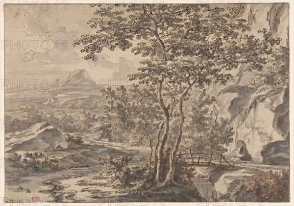 Italian Landscape with a Bridge, 1642/52, Jan Both, Dutch, c. 1618-1652, Holland, Pen and brown ink, with brush and gray wash, over traces of black chalk, on ivory laid paper, verso, slight sketches of leaves in pen and brown ink, 204 x 290 mm