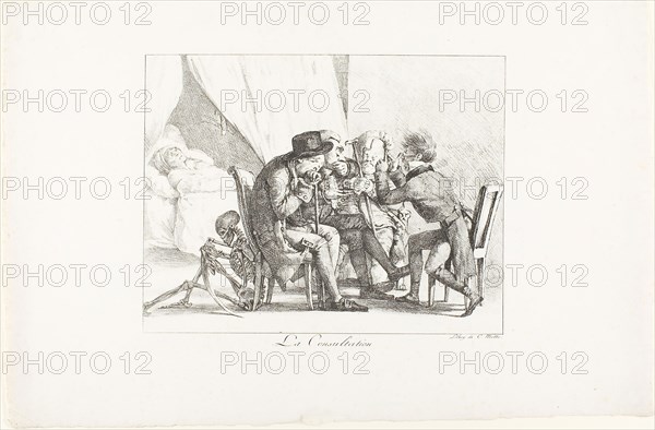 The Consultation, 1820, Eugène Delacroix (French, 1798-1863), printed by Charles Étienne Pierre Motte (French, 1785-1836), France, Lithograph in black on white laid paper, 192 × 247 mm (image), 294 × 440 mm (sheet)