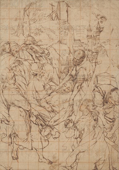 The Entombment of Christ, 1579/93, Federico Barocci (Italian, c. 1535-1612), or follower, Italy, Pen and brown ink, with touches of graphite and a later (?) addition of gray wash to head of Christ, on buff laid paper, squared in red chalk, laid down on cream laid paper, laid down on tan wove paper, 485 x 342 mm