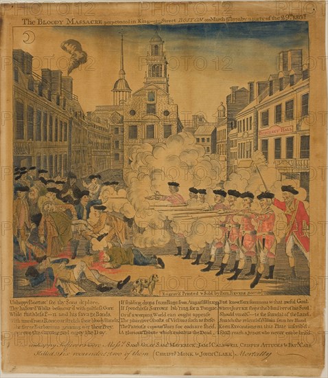 The Boston Massacre, 1770, Paul Revere, II, American, 1735-1818, United States, Wood engraving, with hand coloring, on tan laid paper, 202 x 219 mm (image), 262 x 230 mm (block), 276 x 240 mm (sheet)