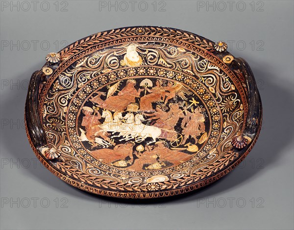 Knob-Handled Patera (Dish), 330/320 BC, Attributed to the Baltimore Painter, Greek, Apulia, Italy, Puglia, terracotta, decorated in the red-figure technique, 17.7 × 67.3 × 68.5 cm (7 × 26 1/2 × 27 in.)