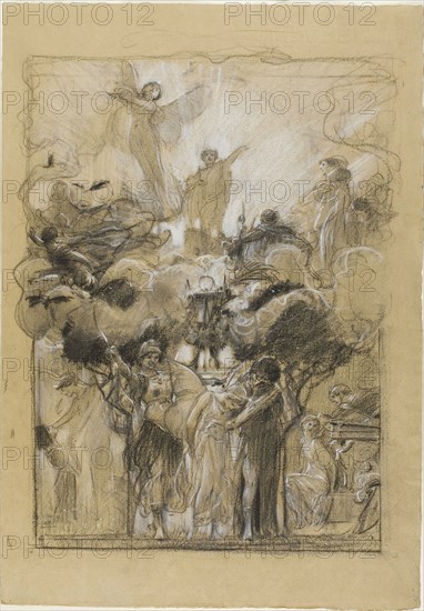 Group Composition from Fantasia Enchained, 1873/75, Adolf Hiremy-Hirschl, Hungarian, 1860-1933, Hungary, Charcoal and white chalk, with stumping, on tan wove paper, 478 x 334 mm