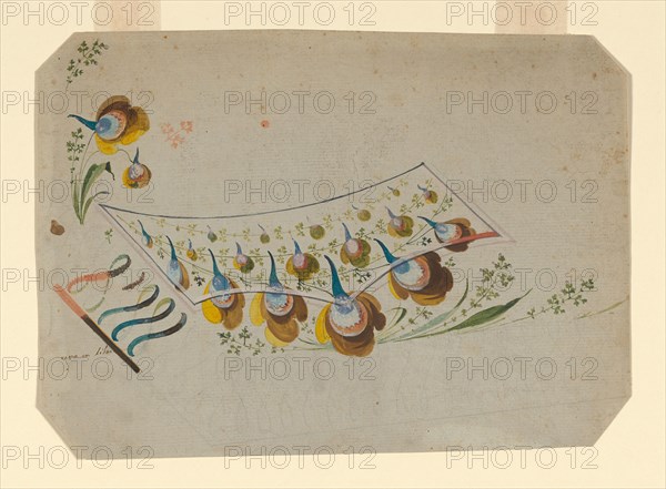 Design for an Embroidered Waistcoat Pocket, 1780/90, France, probably Lyon, France, Polychrome floral design with arabesques along lower edge of waistcoat, 22.3 × 31.2 cm (8 3/4 × 12 1/4 in.)