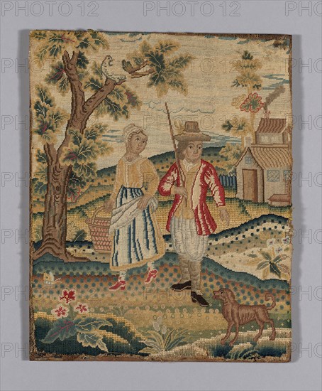 Picture (Needlework), c. 1720, England, Linen, plain weave, embroidered with wool yarns and silk floss in cross, diagonal tent and tent stitches, 37.6 × 30.2 cm (14 3/4 × 11 7/8 in.)
