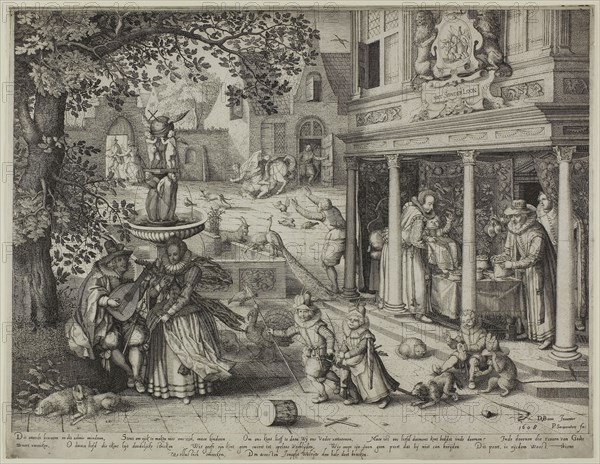 An Allegory of Relations between the Generations, 1608, Pieter Serwouters (Flemish, 1586-1657), After David Vinckboons (Flemish, 1576-1632), Netherlands, Etching and engraving on paper, 257 x 349 mm (image), 258 x 351 mm (plate), 275 x 356 mm (sheet)