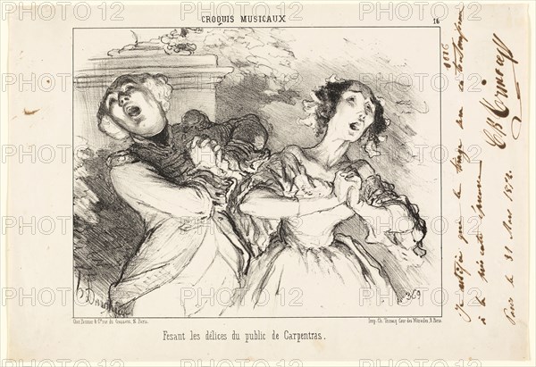 Giving the public the delights of Carpentras, plate 16 from Croquis Musicaux, 1852, Honoré Victorin Daumier, French, 1808-1879, France, Lithograph in black on white wove paper, 230 × 320 mm (image), 252 × 368 mm (sheet)