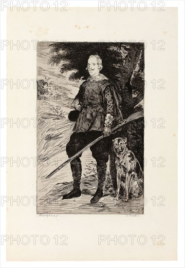 Phillip IV King of Spain, 1862, Édouard Manet (French, 1832-1883), after Diego Velázquez (Spanish, 1599-1660), France, Etching, drypoint and retroussage inking in black on ivory chine, laid down on ivory wove paper (chine collé), 319 × 202 mm (image), 356 × 239 mm (plate), 318 × 198 mm (primary support), 472 × 318 mm (secondary support)