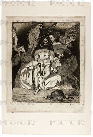 Dead Christ with Angels, 1866/67, Édouard Manet, French, 1832-1883, France, Etching and aquatint in black on ivory laid paper, 395 × 325 mm (image/plate), 542 × 365 mm (sheet)
