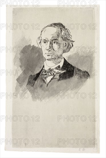 Charles Baudelaire, Full Face III, 1868, Édouard Manet (French, 1832-1883), after Nadar Gaspard Félix Tournachon (French, 1820-1910), France, Etching and plate tone in black heightened with brush and gray wash on ivory laid paper, 166 × 98 mm (image), 170 × 103 mm (plate), 172 × 114 mm (sheet)