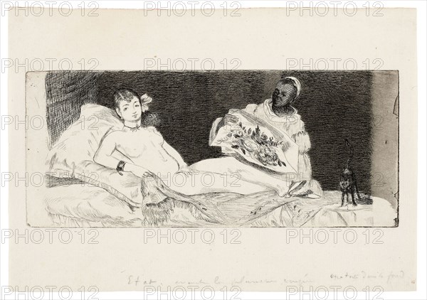 Olympia (published plate), 1867, Édouard Manet, French, 1832-1883, France, Etching and aquatint in black on cream laid paper, 87 × 207 mm (image/plate), 158 × 227 mm (sheet)