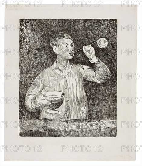 Boy Blowing Soap Bubbles, late 1868/early 1869, Édouard Manet, French, 1832-1883, France, Etching in warm black on ivory wove paper, 196 × 163 mm (image), 252 × 213 mm (plate), 260 × 220 mm (sheet)