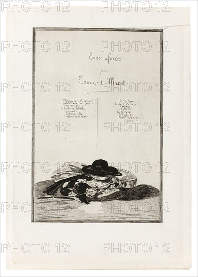 Hat and Guitar, Frontispiece for the edition of fourteen etchings, 1862–63, Édouard Manet, French, 1832-1883, France, Etching, aquatint and drypoint in black on ivory wove paper, 331 × 225 mm (image), 434 × 296 mm (plate), 449 × 318 mm (sheet, folded), 450 × 630 mm (sheet, unfolded)