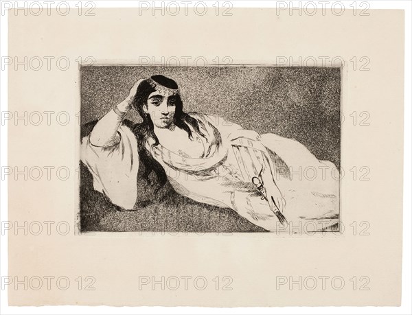 Odalisque, c. 1868, Édouard Manet, French, 1832-1883, France, Etching and aquatint in black on buff laid paper, 127 × 195 mm (image), 129 × 198 mm (plate), 218 × 289 mm (sheet)