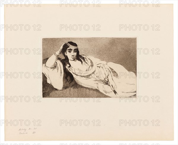 Odalisque, c. 1868, Édouard Manet, French, 1832-1883, France, Etching and aquatint in warm black on buff wove paper, 122 × 192 mm (image), 129 × 200 mm (plate), 279 × 347 mm (sheet)