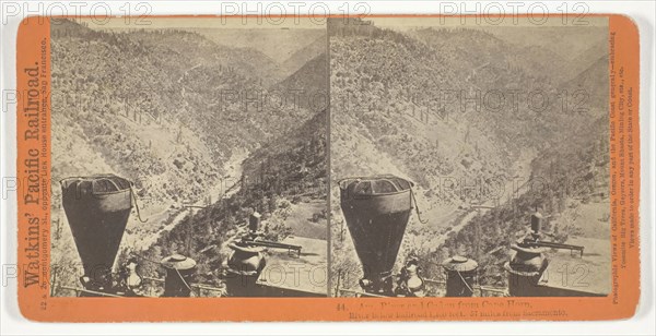Am. River and Canon from Cape Horn, River below Railroad 1,400 feet. 57 miles from Sacramento, 1864/69, printed 1870, Alfred A. Hart, American, 1816–1908, United States, Albumen print, stereo, No. 44 from the series "Watkins' Pacific Railroad