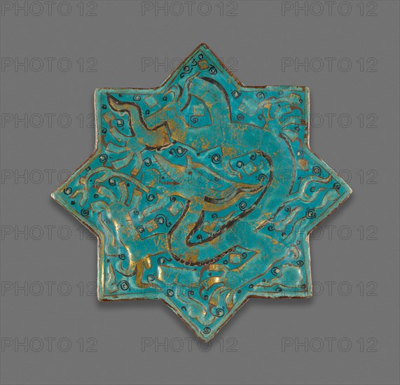 Star-shaped Tile, Ilkhanid dynasty (1256–1353), late 13th century, Iran, Iran, Stone paste with turquoise alkaline tin glaze, enamels, and gold leaf decoration, 19.4 × 19.4 × 2.0 cm. (7 5/8 × 7 5/8 7/8 in.)
