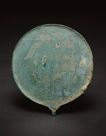 Hand Mirror, 470/450 BC, Etruscan, probably Vulci, Vulci, Bronze, 16.8 × 15.1 × 0.7 cm (6 5/8 × 6 × 5/16 in.) (with tang)