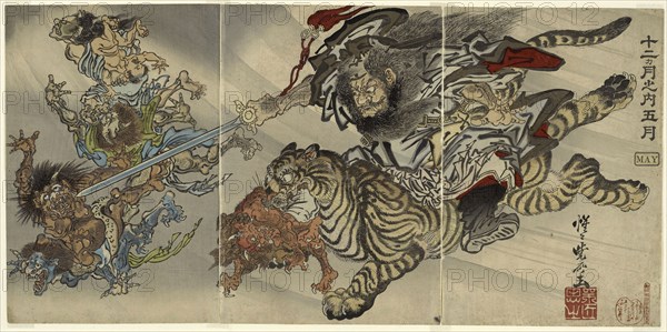 May: Shoki the Demon Queller Riding on a Tiger, Subjugating Goblins, from the series Of the Twelve Months: the Fifth (Junikagetsu no uchi: gogatsu), 1887, Kawanabe Kyosai, Japanese, 1831-1889, Japan, Color woodblock prints, oban triptych, 35.7 x 73.2 cm