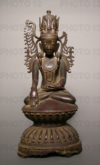 Jeweled and Crowned Buddha (Jambupati), c. 17th century, Burma (Myanmar), Burma, Bronze, 38 × 16.7 × 11.5 cm (15 × 6 5/8 × 4 1/2 in.)
