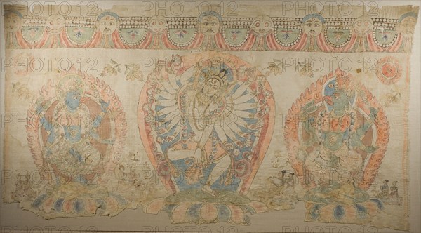 Tantric Temple Banner of a Dancing Goddess Flanked by Dakinis, 17th century, Nepal, Nepal, Pigment and black ink on cloth, 124.5 x 231.1 cm (49 x 91 in.)