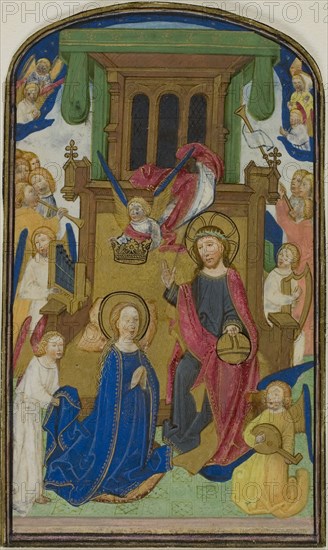 The Coronation of the Virgin, from a Book of Hours, 1460/70, Attributed to Willem Vrelant or his workshop (Bruges), Netherlandish, flourished 1449-1481, Netherlands, Manuscript cutting in tempera and liquid gold on parchment, 105 x 62 mm
