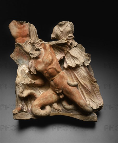 Architectural Relief Depicting the Gigantomachy (Battle Between Gods and Giants), 3rd/2nd century BC, Etruscan, Etruria, terracotta, pigment, 45.8 × 46 × 21.9 cm (18 1/16 × 18 1/8 × 8 5/8 in.)