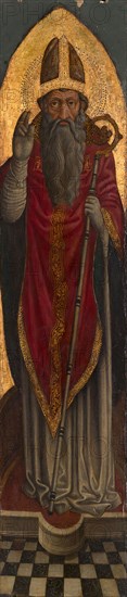Bishop Saint from an Augustinian altarpiece, 1450/75, Italian, Venice, Venice, Tempera and oil on panel, Panel: 126.7 × 26.5 cm (49 7/8 × 10 7/16), Painted Surface: 119 × 25.5 cm (46 7/8 × 10 in.)