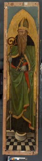 Bishop Saint from an Augustinian altarpiece, 1450/75, Italian, Venice, Venice, Tempera and oil on panel, Panel: 126.2 × 30 cm (49 5/8 × 11 13/16 in.), Painted Surface: 119 × 25.5 cm (46 7/8 × 10 in.)