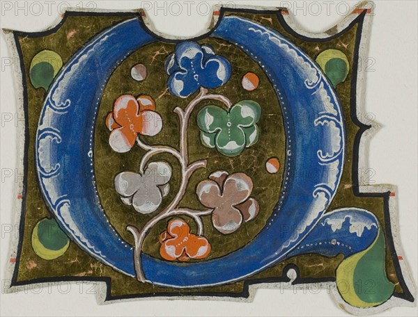 Decorated Initial Q with Three Balls and Six Leaves from a Choir Book, 14th century or modern, c. 1920, European, Europe, Manuscript cutting in tempera and gold leaf on vellum, 62 × 81 mm