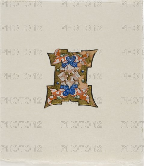 Decorated Initial I in Blue with Foliage and Four Balls, from a Choir Book, 19th century imitation of 14th century style, European, Europe, Manuscript cutting in tempera and gold leaf on vellum, 68 × 64 mm