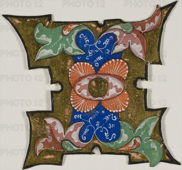 Decorated Initial I with Leaves from a Choir Book, 14th century or modern, c. 1920, European, Europe, Manuscript cutting in tempera and gold leaf on vellum, 63 × 68 mm