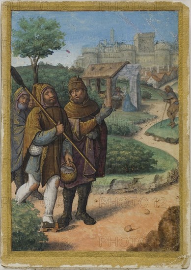 Shepherds on Their Way to the Nativity from a Book of Hours, c. 1495, French (Tours), possibly follower of Jean Poyet (French, c. 1483-1497), France, Manuscript cutting in paint, brush and liquid gold and lead white on parchment, laid down on paper board, 117 × 82 mm (parchment), 125 × 88 mm (board)