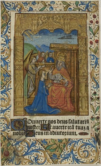 Coronation of the Virgin with Decorative Border from a Prayerbook, n.d., European, Europe, Manuscript cutting in tempera, red, brown and black ink, gold paint and gold leaf, with Latin inscriptions in black ink, ruled in red, and further inscriptions and decorations, verso, on parchment, 163 × 99 mm