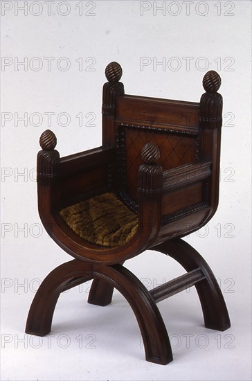 X-Frame Armchair, 1840/45, English, Designed by Lewis Nockalls Cottingham (English, 1787-1847), Possibly after T. F. Hunt (Scottish, c. 1791-1831), England, Sweet chestnut and wool cushion, 113 × 57 × 55 cm (44 1/2 × 22 1/2 × 21 5/8 in.)