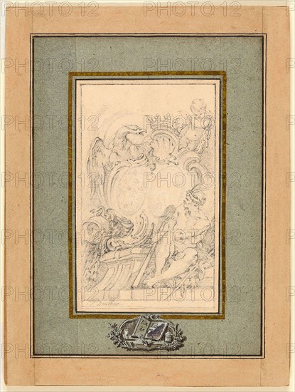 Armorial Bookplate for Crozat, Baron de Thiers, c. 1753, François Boucher, French, 1703-1770, France, Graphite, on ivory laid paper, laid down on cream laid paper, perimeter mounted on board, 133 × 81 mm