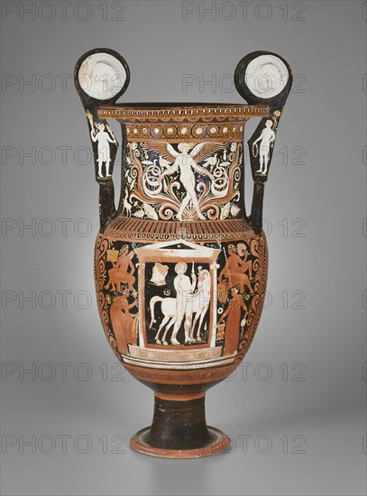 Volute Krater (Mixing Bowl), 330/320 BC, Attributed to the White Saccos Group, Greek, Apulia, Italy, Apulia, terracotta, decorated in the red-figure technique, 85 × 45.2 × 36.8 cm (33 1/2 × 18 × 14 1/2 in.)