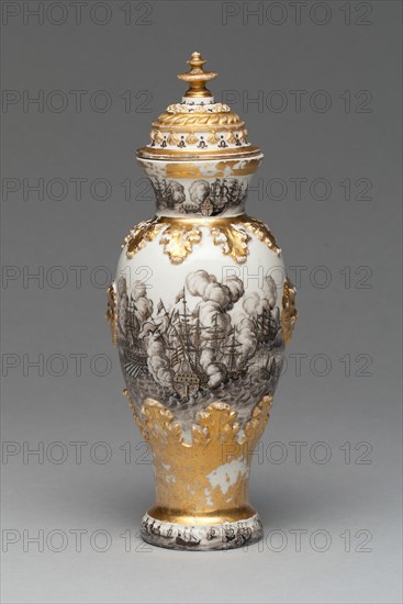 Vase and Cover (one of a pair), 1715/20, Meissen Porcelain Manufactory, German, founded 1710, Decorated by Ignaz Preissler (German, 1676-1741), Meissen, Hard-paste porcelain, black enamel (schwarzlot), and gilding, H. 21 cm (8 1/4 in.), diam. 8.9 cm (3 1/2 in.)