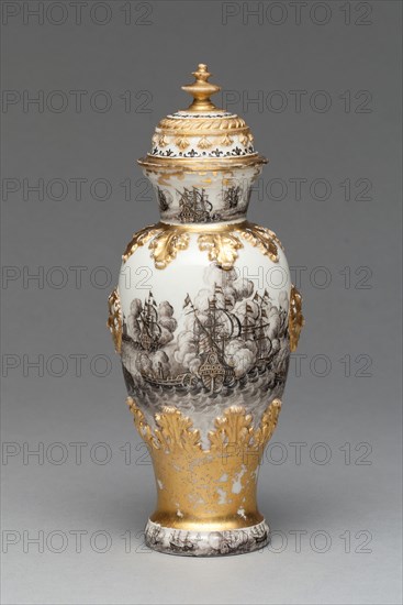 Vase and Cover (one of a pair), 1715/20, Meissen Porcelain Manufactory, German, founded 1710, Decorated by Ignaz Preissler (German, 1676-1741), Meissen, Hard-paste porcelain, black enamel (schwarzlot), gilding, H. 21.7 cm (8 9/16 in.), diam. 8.9 cm (3 1/2 in.)