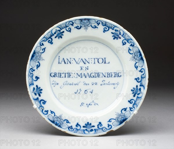 Plate, 1764, Netherlands, Delft, Delft, Tin-glazed earthenware (Delftware), Diam. 22.7 cm (8 15/16 in.)