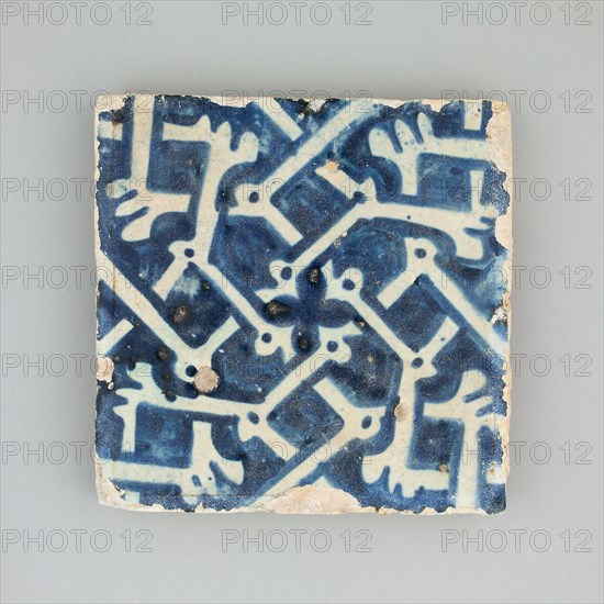 Floor Tile with Bone Pattern, 1450/1500, Spanish, Valencia (probably Manises), Manises, Tin-glazed earthenware, 14 × 14 cm (5 1/2 × 5 1/2 in.)