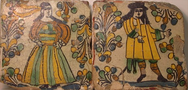 Polychrome Tiles Depicting Male and Female Figures in Contemporary Dress Surrounded by Abstract Foliage, 1700/1750, Talavera Poblana, Puebla, Mexico, Puebla state, Tin-glazed earthenware, W. 25.7 cm (10 1/8 in.)