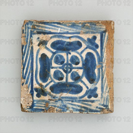 Floor Tile with Rosette, 1474/1500, Spanish, Valencia (probably Manises), Manises, Tin-glazed earthenware, 8.7 × 9.5 cm (3 7/16 × 3 3/4 in.)